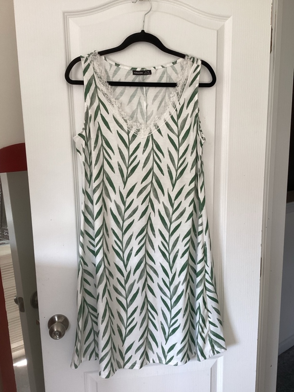 Sleeveless White Maxi Dress with Green Leaf Print and Lace Trim